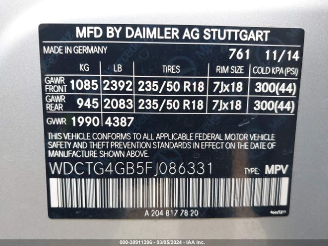 WDCTG4GB5FJ086331 Mercedes-Benz Gla 250 4matic