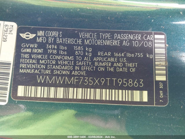 2009 MINI COOPER S WMWMF735X9TT95863 Photo 8