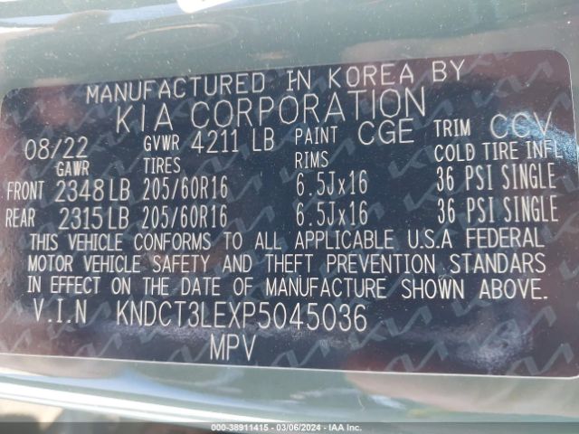 KNDCT3LEXP5045036 KIA NIRO SX