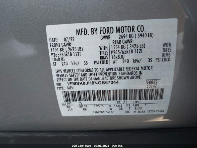 1FMSK8JH8NGB67044 Ford Explorer Timberline