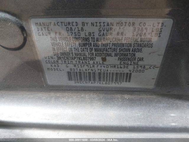 3N1CN7AP7KL807997 Nissan Versa 1.6 S