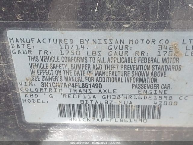 3N1CN7AP4FL861490 Nissan Versa 1.6 S/1.6 S+/1.6 Sl/1.6 Sv