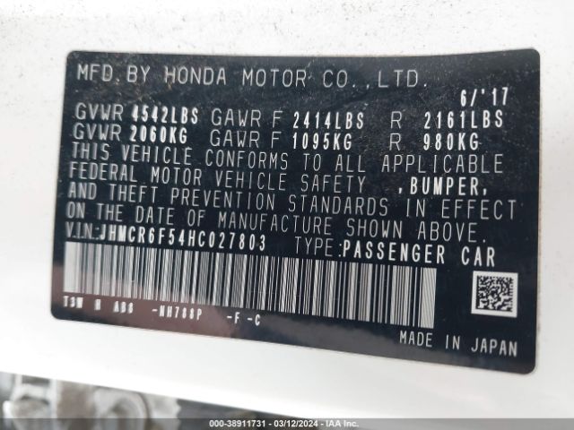 JHMCR6F54HC027803 Honda Accord Hybrid Ex-l