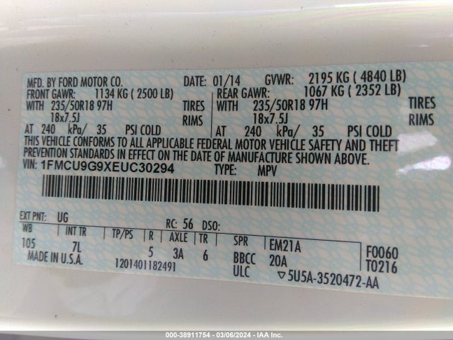 Ford ESCAPE SE 2014 1FMCU9G9XEUC30294 Image 9