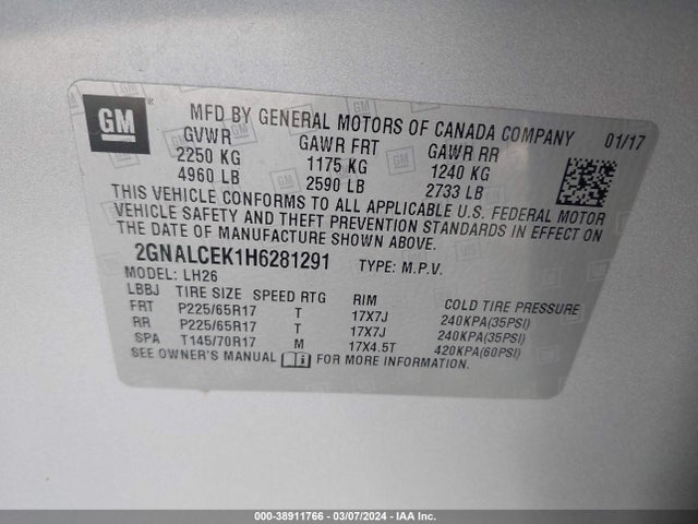 Chevrolet EQUINOX LT 2017 2GNALCEK1H6281291 Image 9