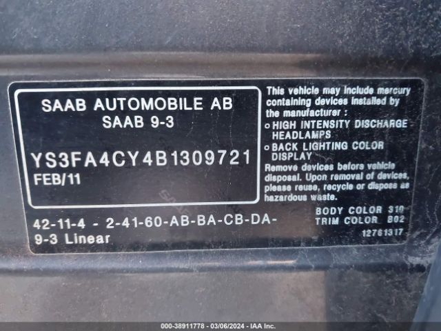 2011 SAAB 9-3 YS3FA4CY4B1309721 Photo 8