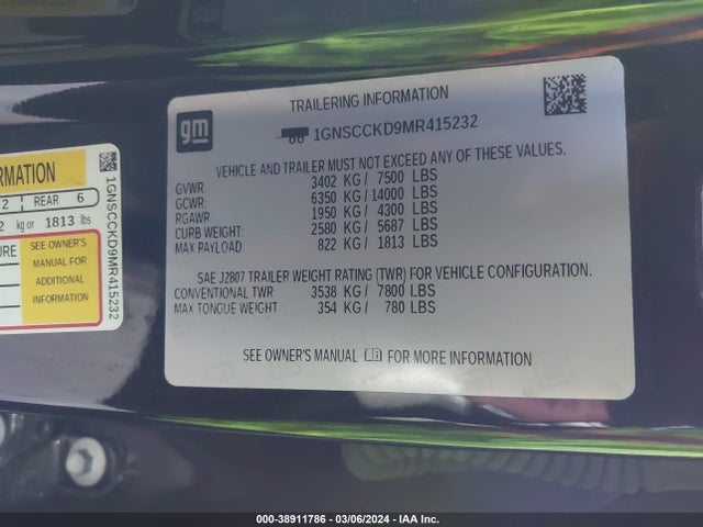 Chevrolet Suburban 2wd Lt 2021 1GNSCCKD9MR415232 Image 9