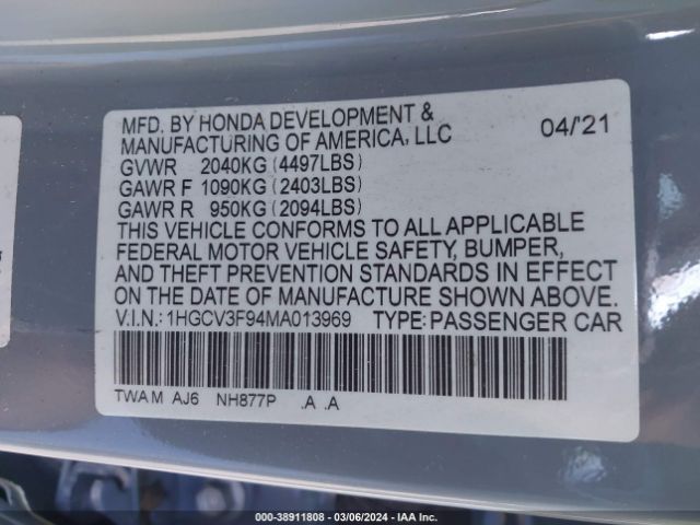 1HGCV3F94MA013969 Honda Accord Hybrid Touring