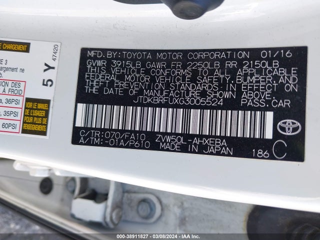 Toyota Prius Two 2016 JTDKBRFUXG3005524 Image 9