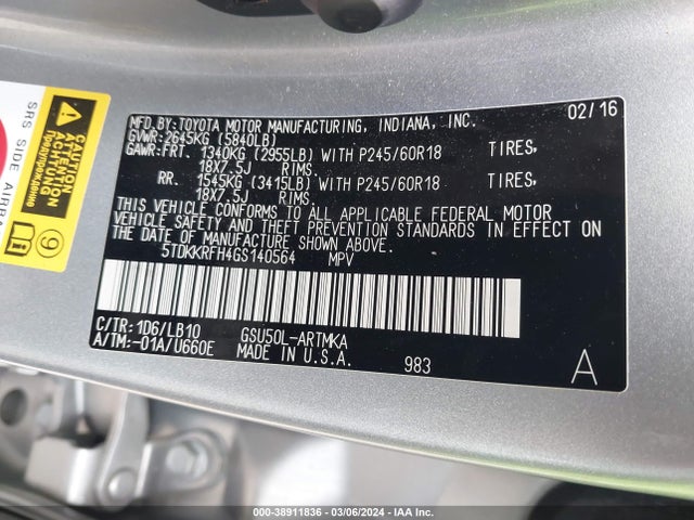 Toyota Highlander Xle V6 2016 5TDKKRFH4GS140564 Image 9