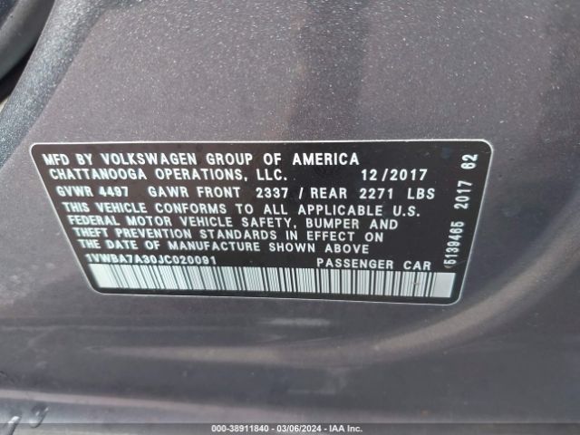 1VWBA7A30JC020091 Volkswagen Passat 2.0t Se