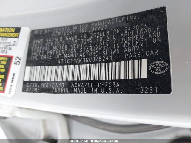 Toyota CAMRY SE 2022 4T1G11AK3NU075241 Image 9