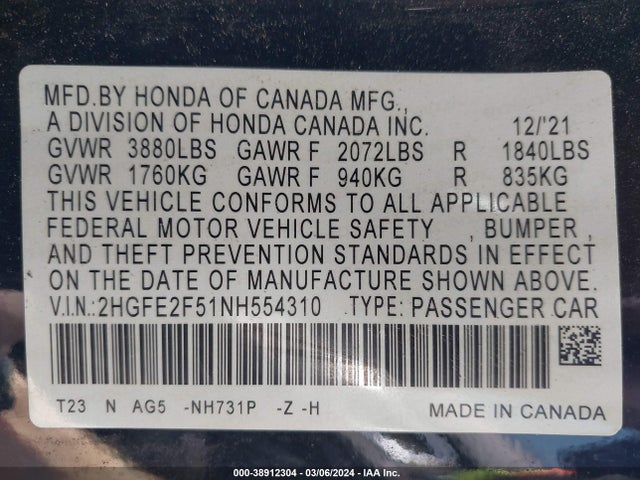 Honda Civic Sport 2022 2HGFE2F51NH554310 Image 9