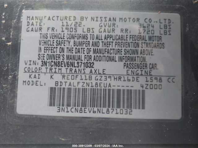 3N1CN8EV6NL871032 Nissan Versa 1.6 Sv Xtronic Cvt
