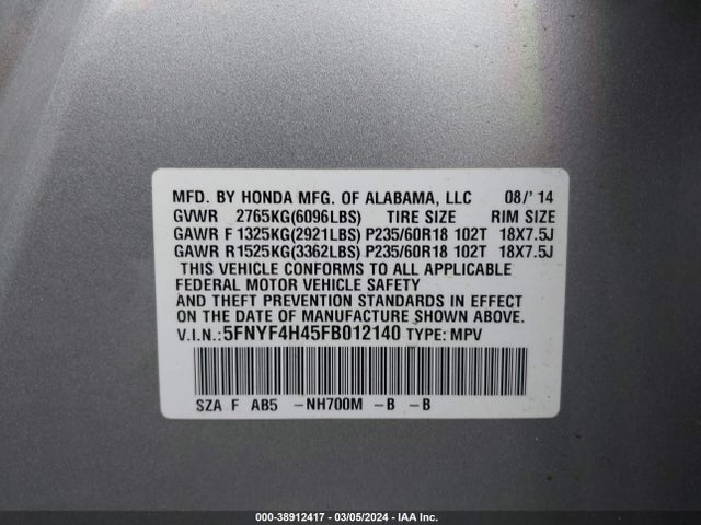 Honda Pilot Ex 2015 5FNYF4H45FB012140 Image 9