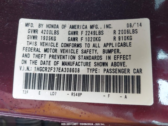 Honda ACCORD LX 2014 1HGCR2F37EA308608 Image 9
