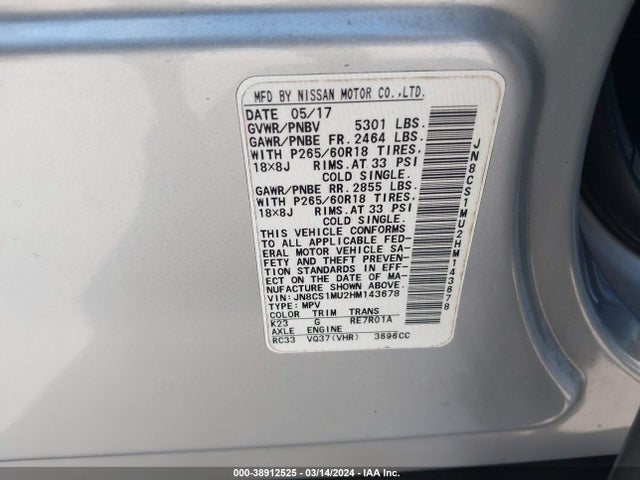 Infiniti QX70 2017 JN8CS1MU2HM143678 Image 9