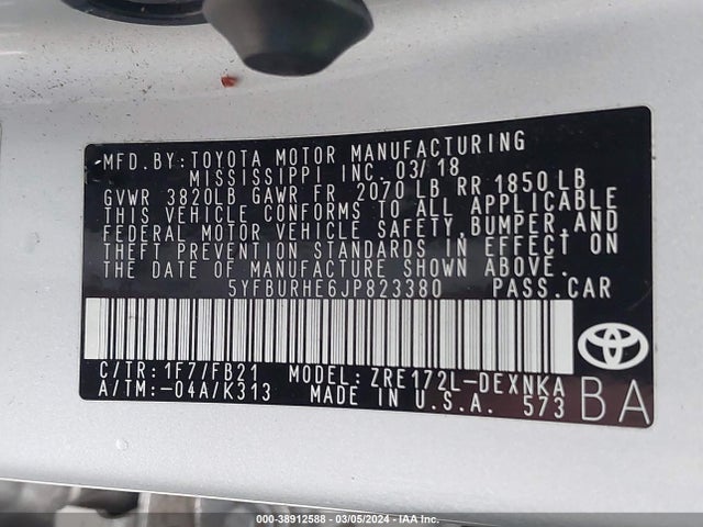Toyota COROLLA LE 2018 5YFBURHE6JP823380 Image 9