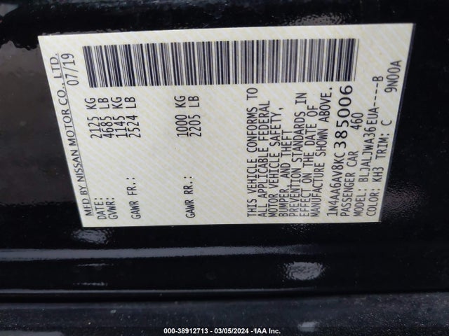 Nissan Maxima 3.5 Sv 2019 1N4AA6AV8KC385006 Image 9