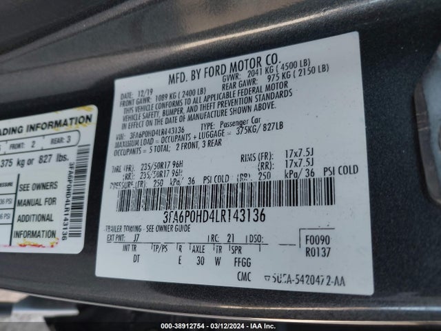 Ford FUSION SE 2020 3FA6P0HD4LR143136 Image 9