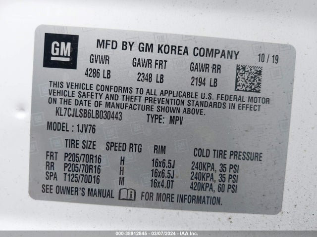 Chevrolet Trax Fwd Lt 2020 KL7CJLSB6LB030443 Image 9