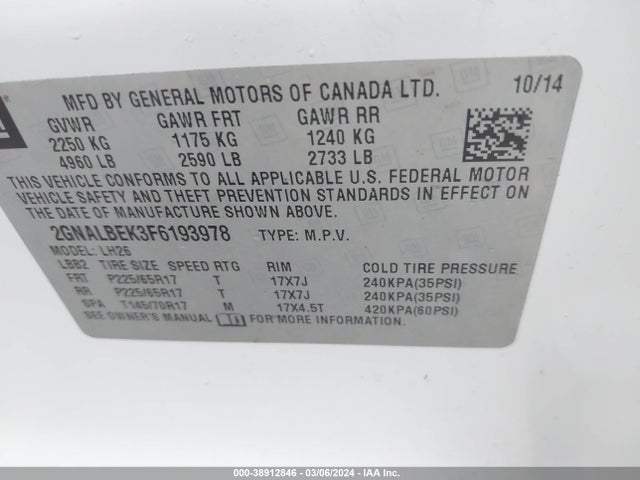 Chevrolet EQUINOX 1LT 2015 2GNALBEK3F6193978 Image 9