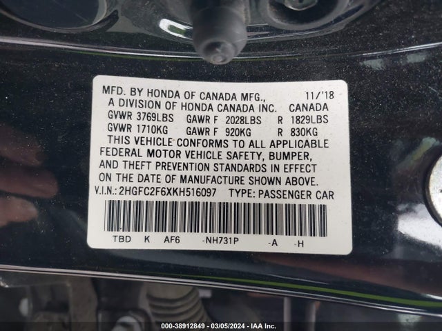 Honda Civic Lx 2019 2HGFC2F6XKH516097 Image 9