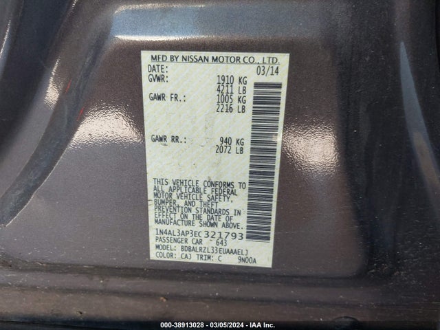 Nissan Altima 2.5 S 2014 1N4AL3AP3EC321793 Image 9