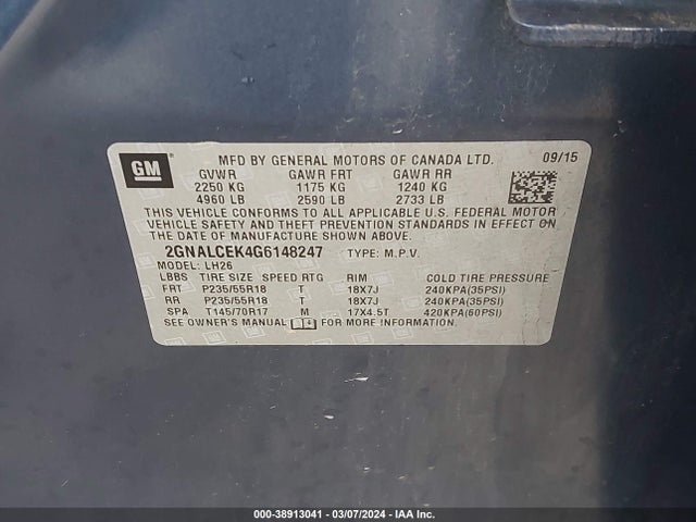 Chevrolet EQUINOX LT 2016 2GNALCEK4G6148247 Image 9