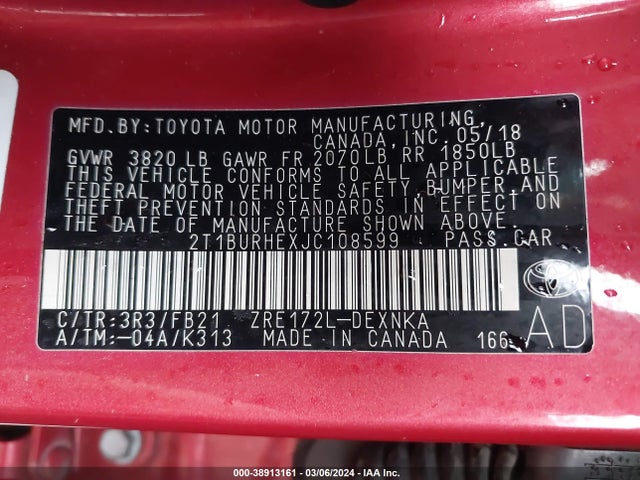 Toyota COROLLA LE 2018 2T1BURHEXJC108599 Image 9