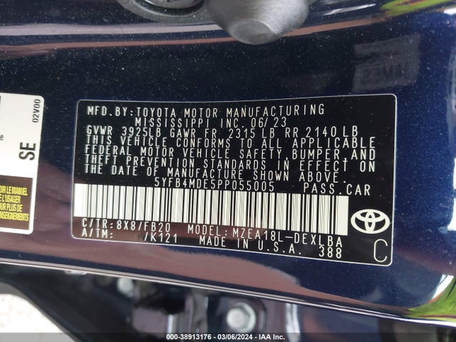 2023 Toyota Corolla Le მანქანა იყიდება აუქციონზე, vin: 5YFB4MDE5PP055005, აუქციონის ნომერი: 38913176