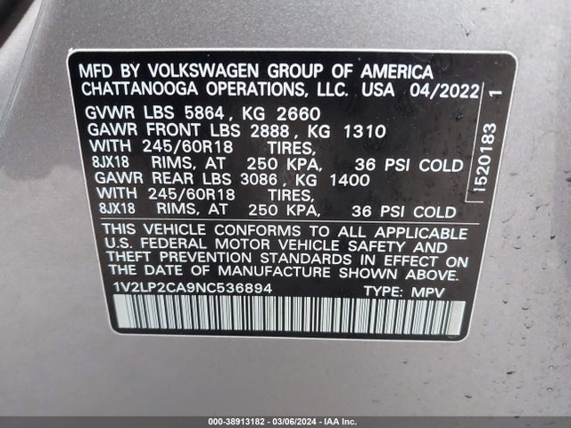 1V2LP2CA9NC536894 Volkswagen Atlas 2.0t Se