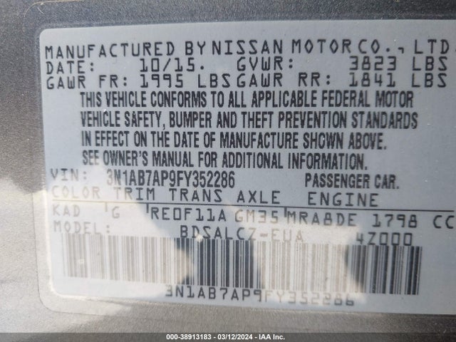 Nissan SENTRA S 2015 3N1AB7AP9FY352286 Image 9