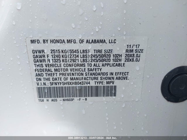 Honda Pilot Touring 2017 5FNYF5H9XHB043744 Image 9