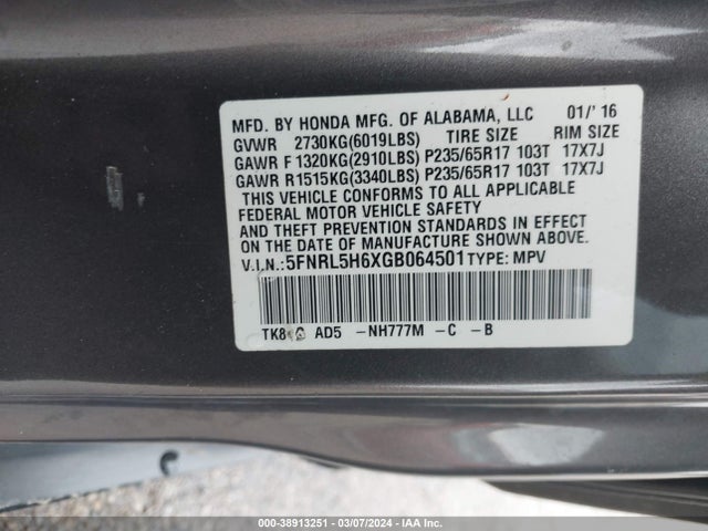 Honda Odyssey Ex-l 2016 5FNRL5H6XGB064501 Image 9