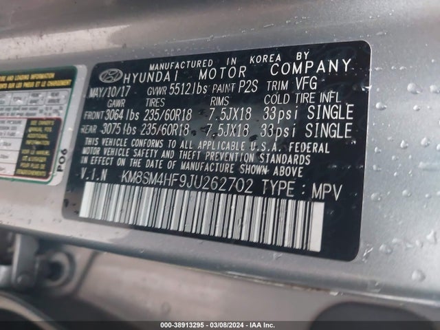 Hyundai Santa Fe Se 2018 KM8SM4HF9JU262702 Image 9