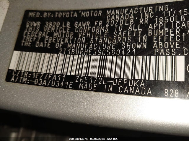 Toyota COROLLA L 2016 2T1BURHE3GC560421 Image 9