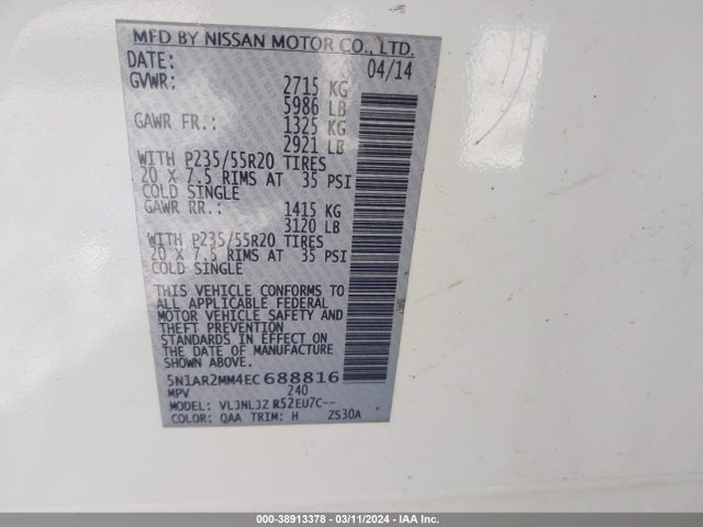 Nissan Pathfinder Platinum 2014 5N1AR2MM4EC688816 Image 9