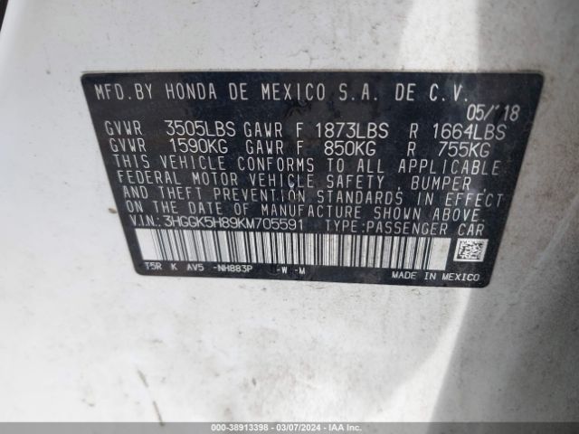 3HGGK5H89KM705591 Honda FIT EX