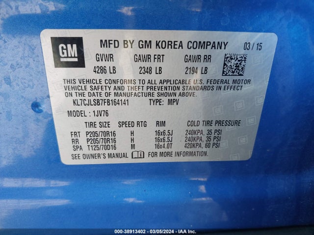Chevrolet Trax Lt 2015 KL7CJLSB7FB164141 Image 9