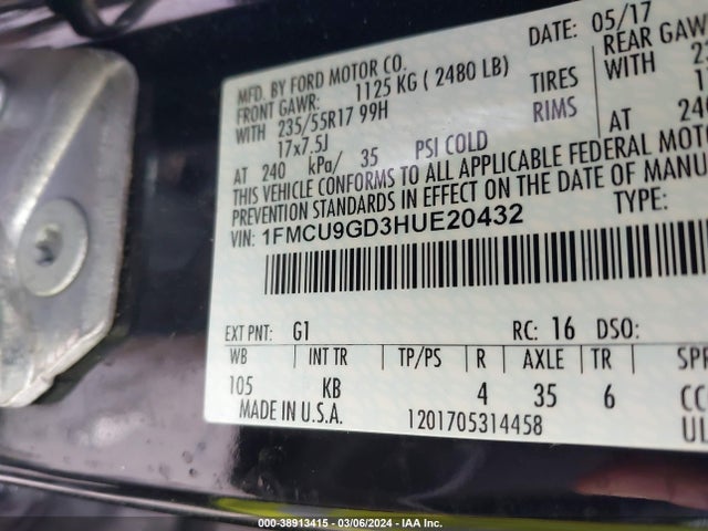 Ford ESCAPE SE 2017 1FMCU9GD3HUE20432 Image 9