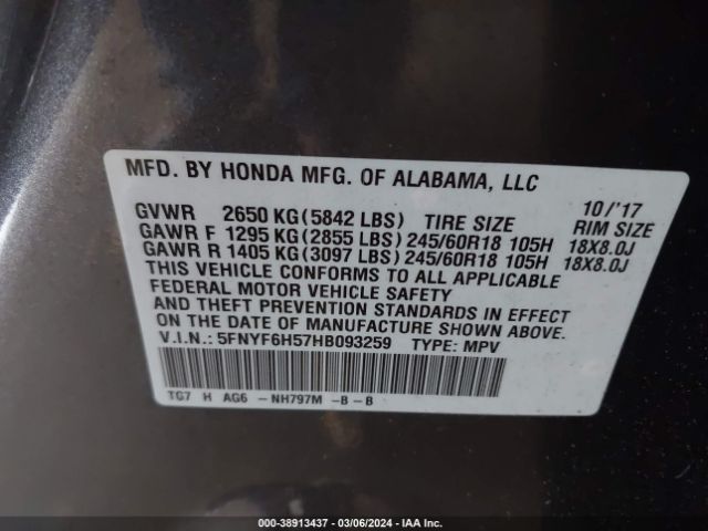 5FNYF6H57HB093259 Honda Pilot Ex-l