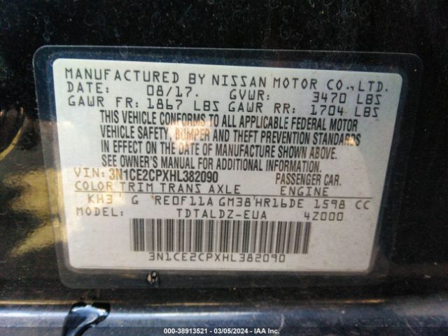 3N1CE2CPXHL382090 Nissan Versa Note Sv