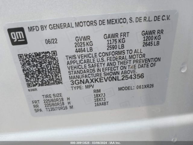 3GNAXKEV0NL254356 Chevrolet Equinox Fwd Lt