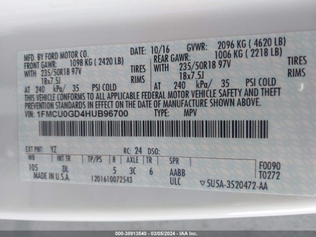 1FMCU0GD4HUB96700 Ford ESCAPE SE