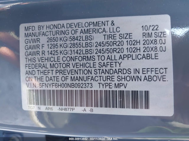 Honda Pilot Awd Elite 2022 5FNYF6H00NB092373 Image 9