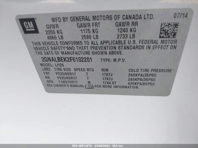 Chevrolet EQUINOX 1LT 2015 2GNALBEK2F6102201 Image 9