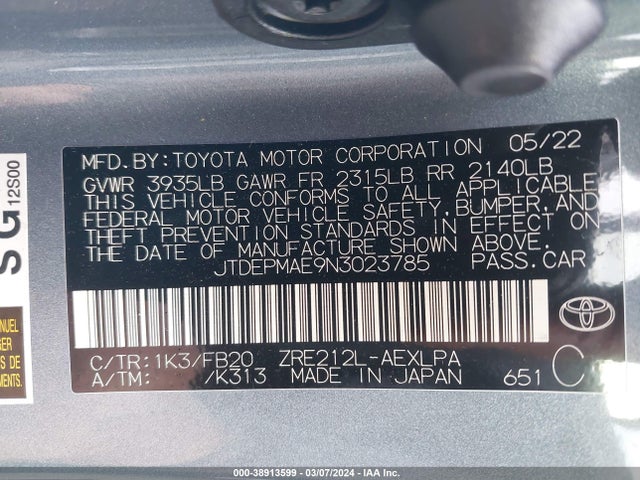 Toyota COROLLA LE 2022 JTDEPMAE9N3023785 Image 9