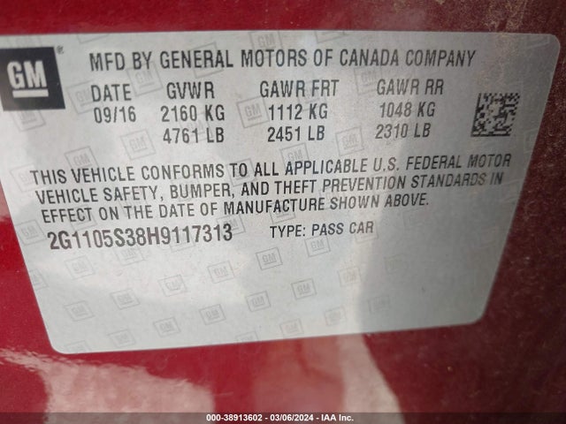 Chevrolet IMPALA 1LT 2017 2G1105S38H9117313 Image 9