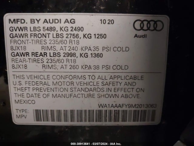 WA1AAAFY9M2013063 Audi Q5 Premium 45 Tfsi Quattro S Tronic